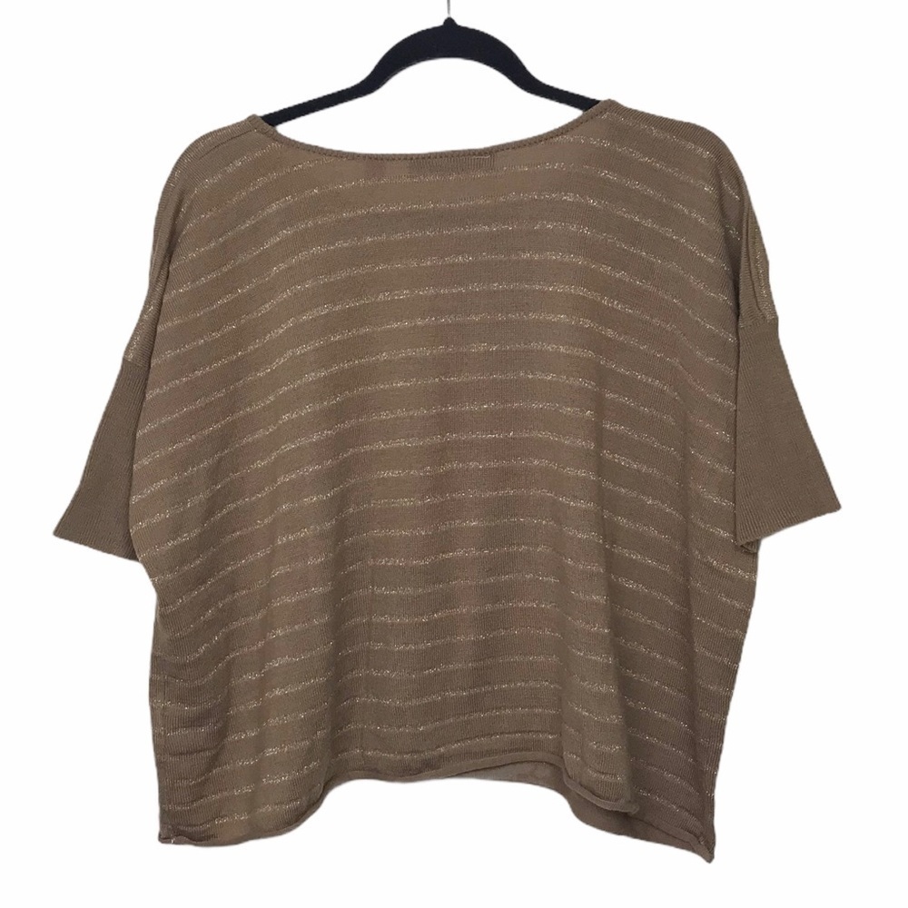 Planet Gold Tan Metallic Stripe Oversized Short Sleeve Sweater - Picture 3 of 9
